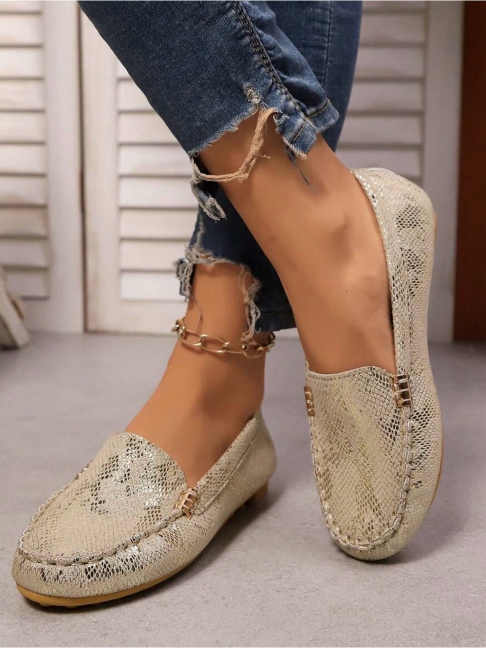 Women's Metallic Snake-Texture Slip-On Loafers in Beige